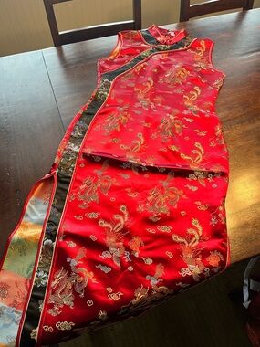 Red Chinese Satin Qipao Cheongsam Dress with Gold Embroidery